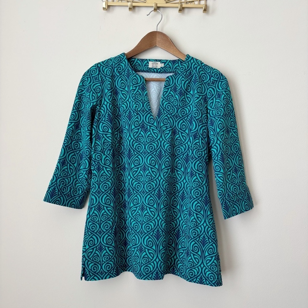Katherine Way Aqua Blue Scroll Print Tunic Top Medium Resortwear